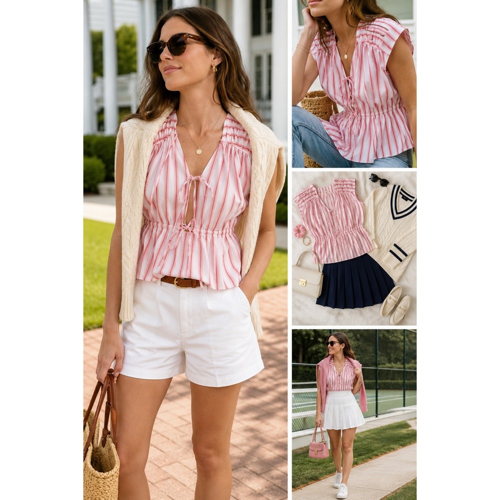 Derek Lam 10 Crosby Orange White Striped Tie Neckβ Peplum Cotton Blouse Small
